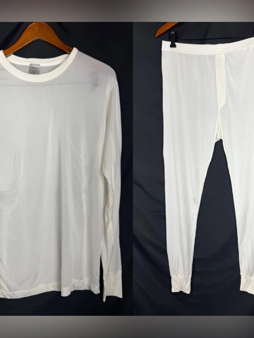 VTG 90s Eddie Bauer 100% Silk Long Sleeve Base Layer Shirt/Pants Cream Mens XL
